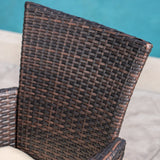 Outdoor 7 Piece Acacia Wood/ Wicker Dining Set with Cushions, Teak Finish and Multibrown with Beige