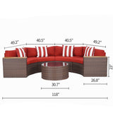 Round Outdoor Sectional Wicker Sofa Set with table Red / Grey / Brown