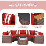 Round Outdoor Sectional Wicker Sofa Set with table Red / Grey / Brown