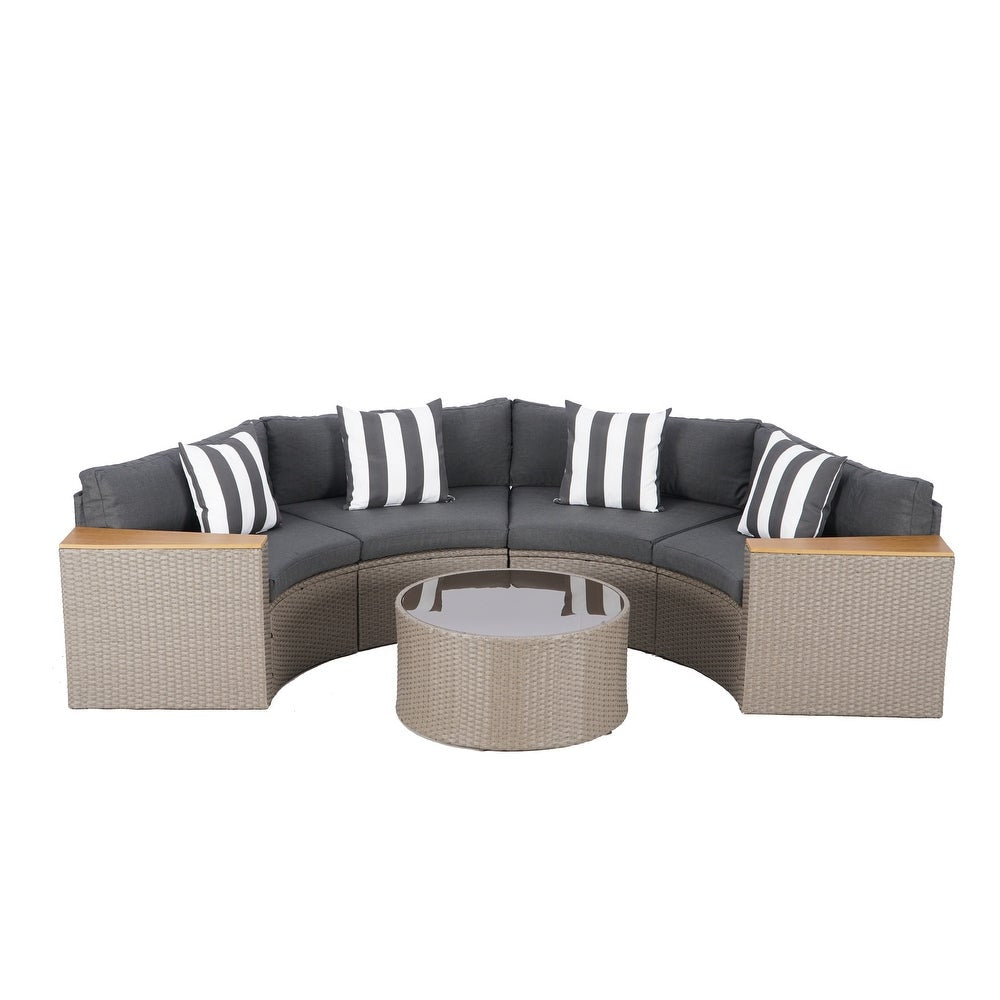 Round Outdoor Sectional Wicker Sofa Set with table Red / Grey / Brown