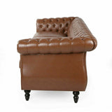 Brown Faux Leather Tufted Sofa with Scroll Arms I#1403