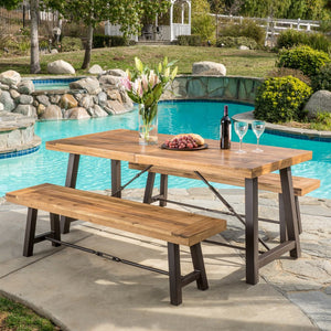 Rustic Natural Wood Stain Dining Table with 2 Benches