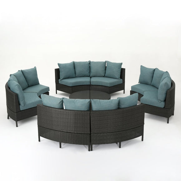 Outdoor 10 Piece Round Wicker Sectional Sofa Set with Teal Cushions