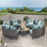 Outdoor 10 Piece Round Wicker Sectional Sofa Set with Teal Cushions