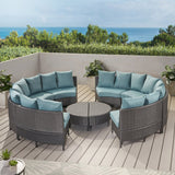 Outdoor 10 Piece Round Wicker Sectional Sofa Set with Teal Cushions