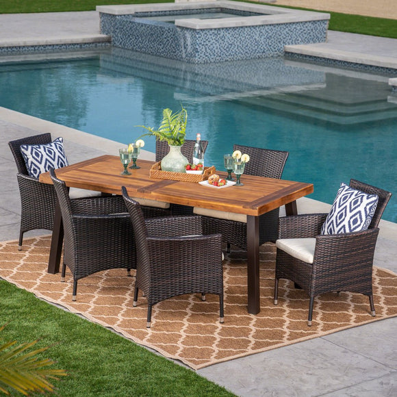 Outdoor 7 Piece Acacia Wood/ Wicker Dining Set with Cushions, Teak Finish and Multibrown with Beige