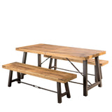 Rustic Natural Wood Stain Dining Table with 2 Benches