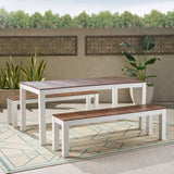 Wood Dining Set With Benches Dark Brown and White