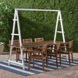 Outdoor Acacia Wood Table with Plant Hanger and 6 Chairs Dining Set