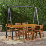 Outdoor Acacia Wood Table with Plant Hanger and 6 Chairs Dining Set
