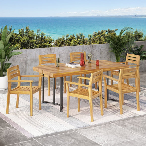 Patio Wood Dining Set Table with Six Chairs I#1111