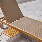 Patio Wood and Wicker Chaise Lounge Pool side Lounge Chair With Pull-Out Tray