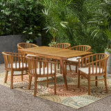 Outdoor Wood Dining Set Table and Six Chairs With Cushions Set