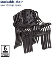Cast Aluminum Outdoor Dining Set 6 Stackable Chairs with Cushions and Rectangular Table