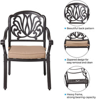 Cast Aluminum Outdoor Dining Set 6 Stackable Chairs with Cushions and Rectangular Table