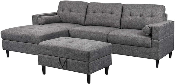 Dark Gray Upholstered Chaise Sectional Sofa Set with Storage Ottoman I#1002