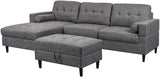 Dark Gray Upholstered Chaise Sectional Sofa Set with Storage Ottoman I#1002