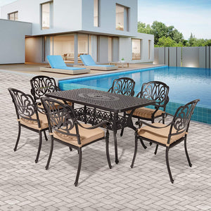 Cast Aluminum Outdoor Dining Set 6 Stackable Chairs with Cushions and Rectangular Table