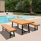 Outdoor Wood Dining Set Table with Two Benches