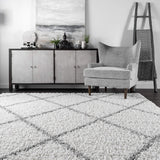 Chic Geometric White with Gray Stripes Shaggy Area rug