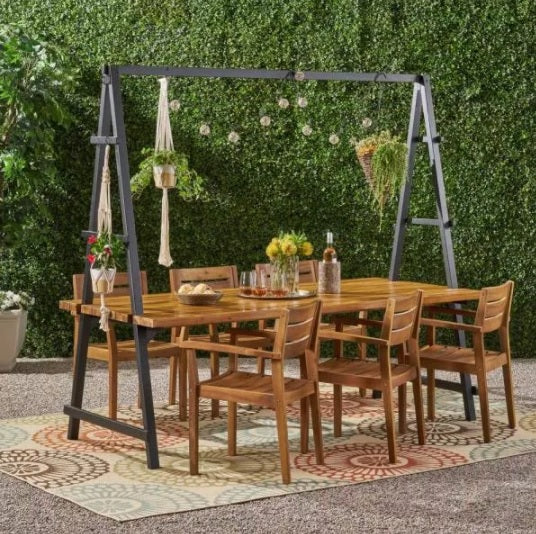 Outdoor Acacia Wood Table with Plant Hanger and 6 Chairs Dining Set