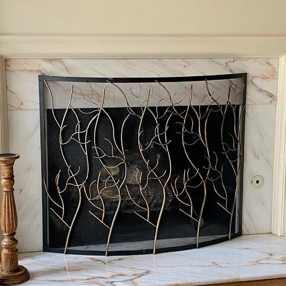 Decorative Forest Design Curved Iron Single Panel Fireplace Screen