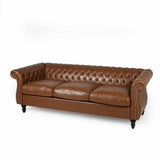 Brown Faux Leather Tufted Sofa with Scroll Arms I#1403