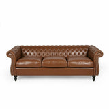 Brown Faux Leather Tufted Sofa with Scroll Arms I#1403