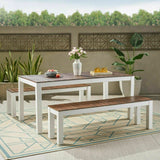 Wood Dining Set With Benches Dark Brown and White