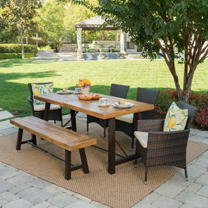 Outdoor Dining Set Teak Finished Acacia Wood Table and Bench with Cushion Wicker Chairs I#1003